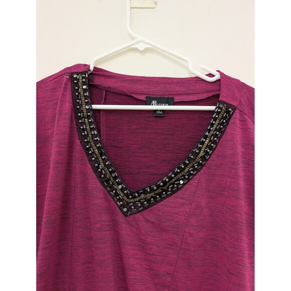 AB Studio Blouse Top Large L Bead V-Neck Short Sleeve Raspberry Red Knit Stretch - Picture 2 of 8